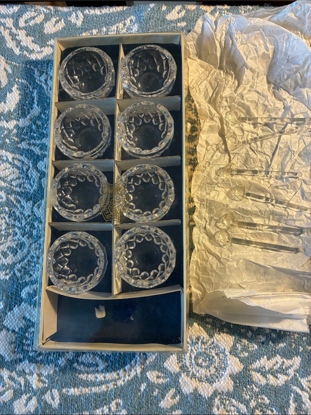 Val St Lamberts Belgium Crystal salt cellar. Set of 8 w 6 glass spoons. 1920s